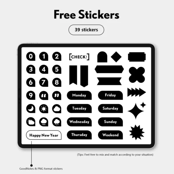 39 minimalist digital stickers in black and white for goodnotes templates.