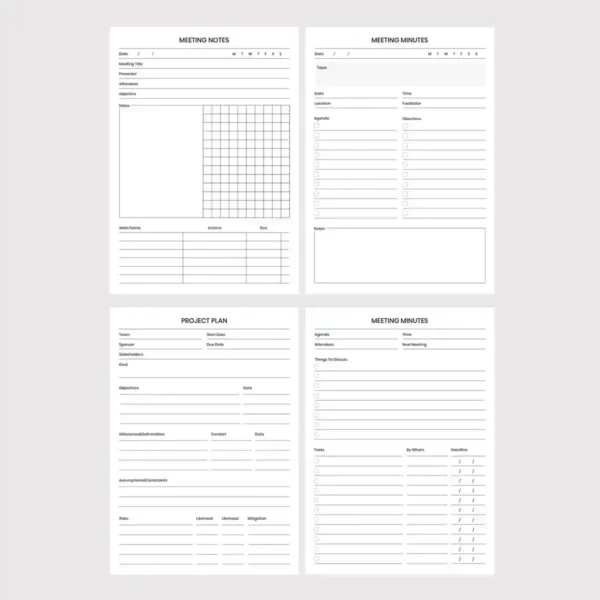Mixed collage of minutes template for board meeting and project layouts.