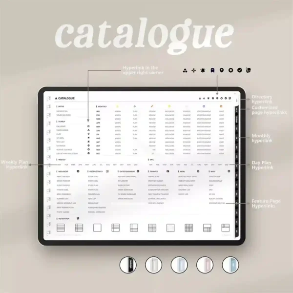 Notebook with alphabetical tabs and monthly calendar view.