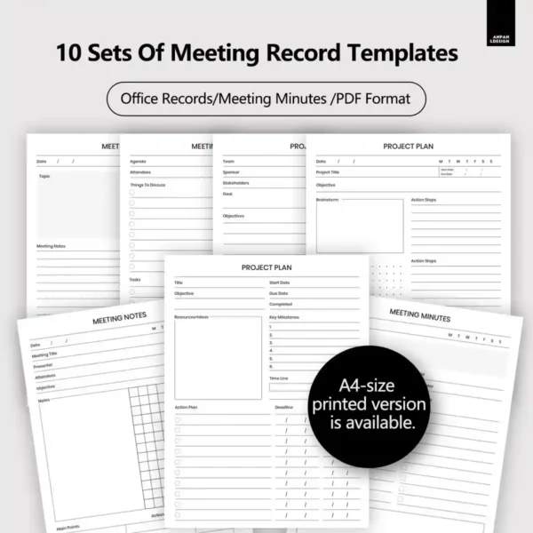 10-set bundle of template for meeting minutes for corporate and office use.