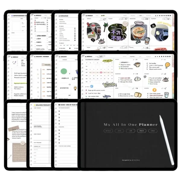 Undated weekly planner all in one digital template on iPad Pro.