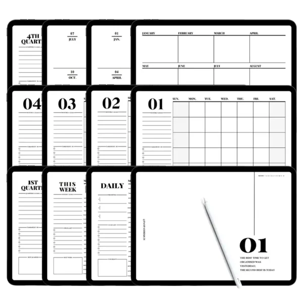 Weekly dashboard planner displayed on an iPad Pro with a 24-hour vertical layout.