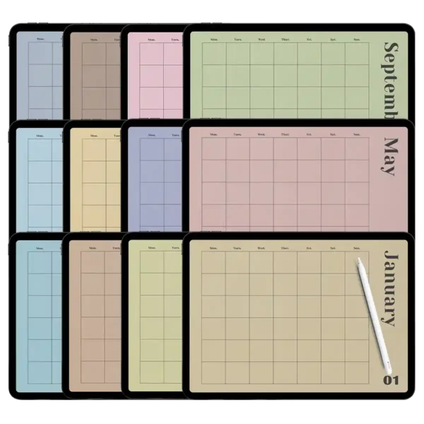 A 4-pack daily monthly planner bundle displayed on an iPad Pro with dark and light mode options.