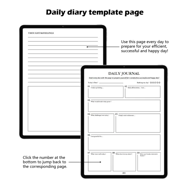 Close-up of the daily planner hourly and goal setting diary pages with hyperlinked tabs.