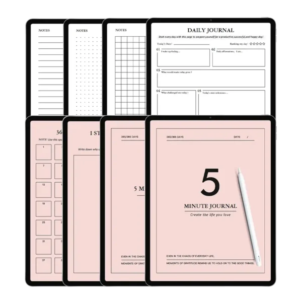 The Blissful Pages pink planner open in GoodNotes, showing a two-page daily spread: left side with an hourly daily planner layout and right side with a guided 5-minute gratitude journal, surrounded by cute emotion icon stickers.