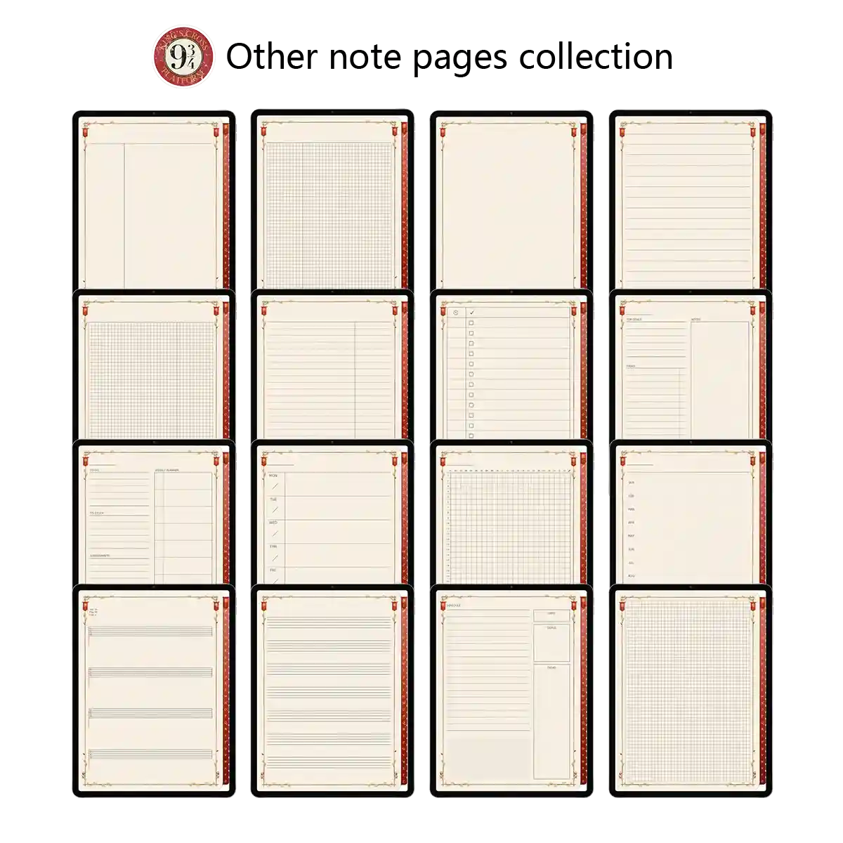 Gryffindor Digital Notebooks page templates collection showing Cornell notes, grid pages, and productivity layouts