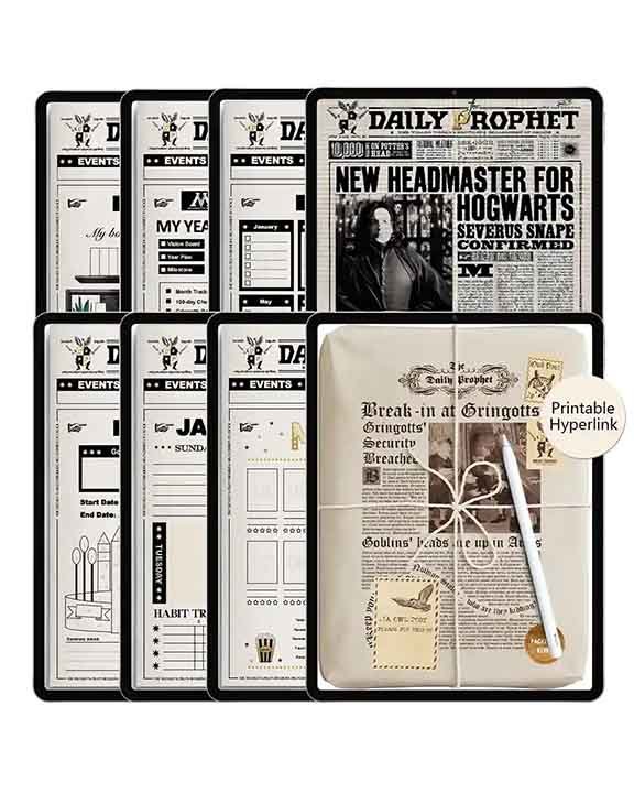 Harry Potter Daily Prophet themed simplified planner templates showing Severus Snape cover and habit tracking layouts