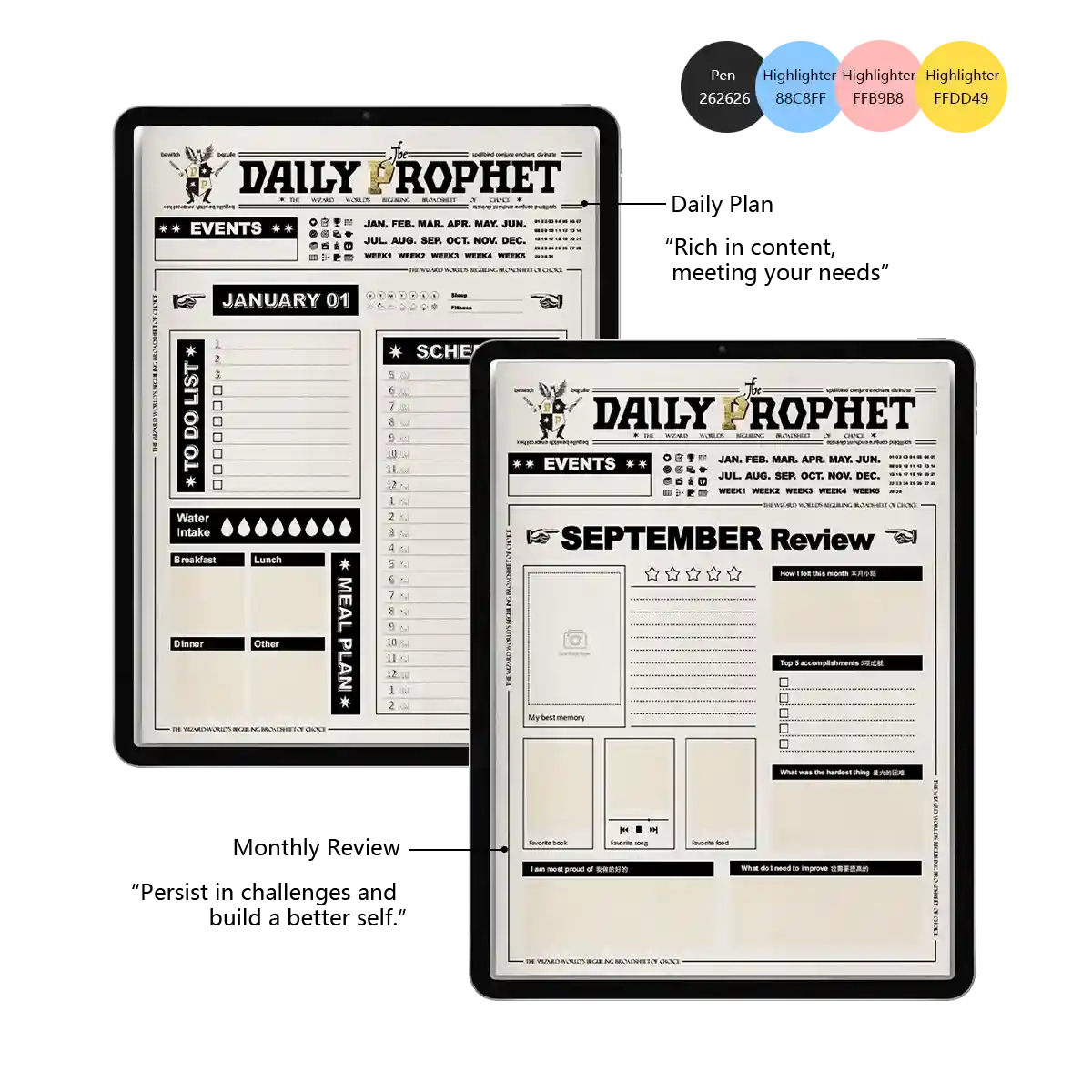Daily planner showing January daily layout and September monthly review with habit tracking sections