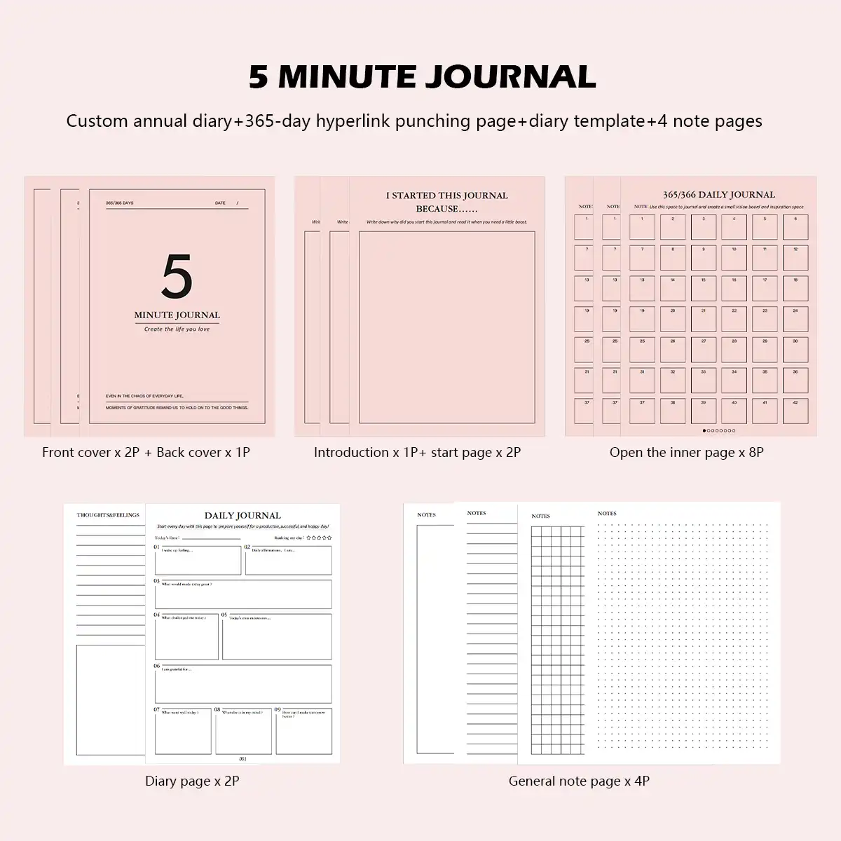 Blissful Pages Pink Planner showing 5 minute journal layout with daily diary pages and note sections