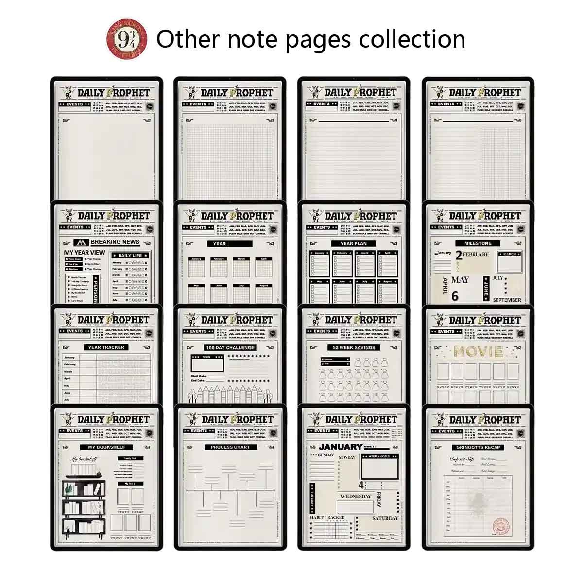 Daily Prophet themed planner templates showing various layouts including year view, savings tracker, bookshelf, and weekly spreads