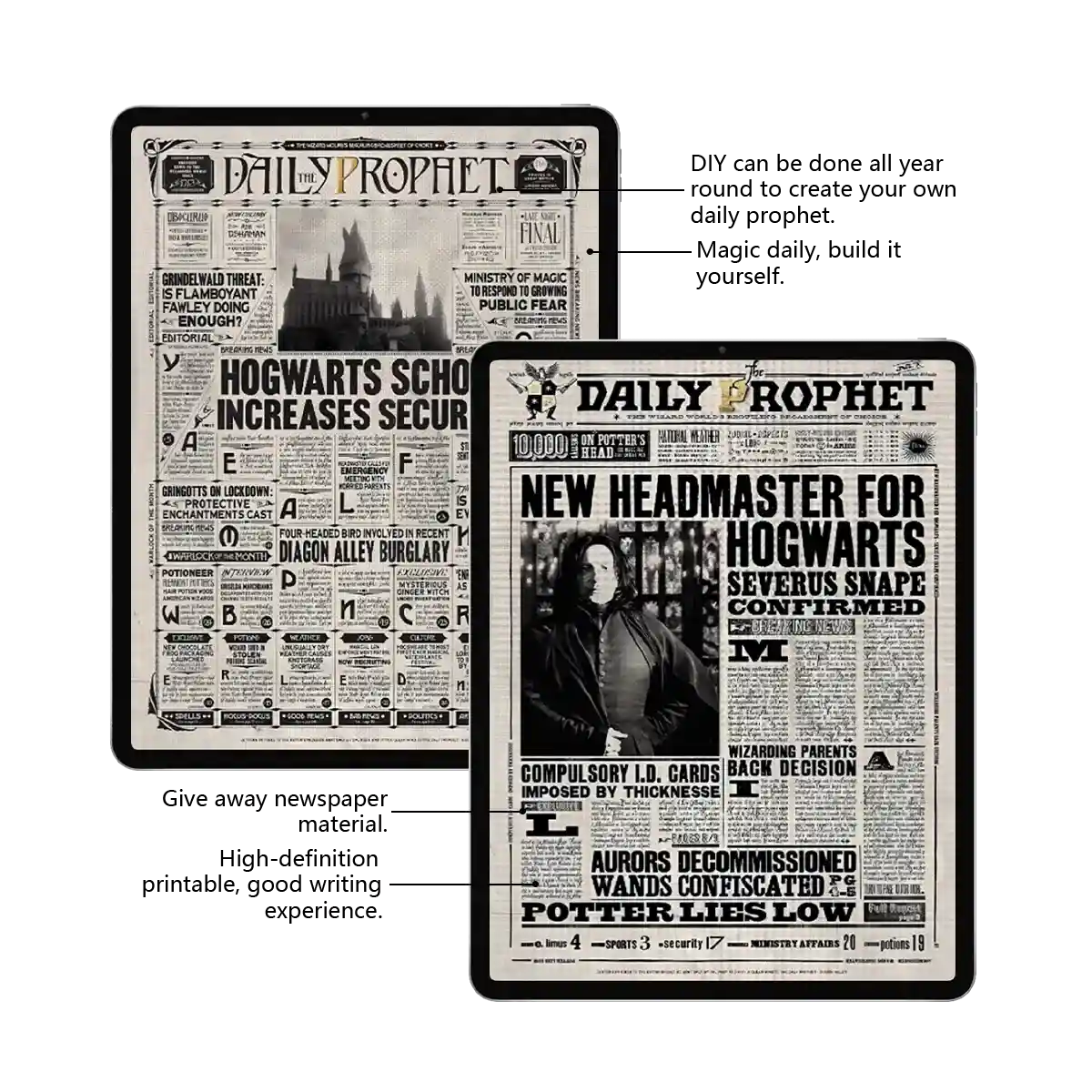 Daily Prophet newspaper front page design with Hogwarts headlines and breaking news layout