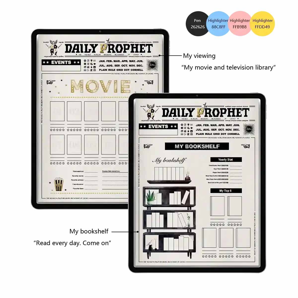 Daily Prophet themed digital planner showing bookshelf and movie tracker layouts on iPad screens with color coding options