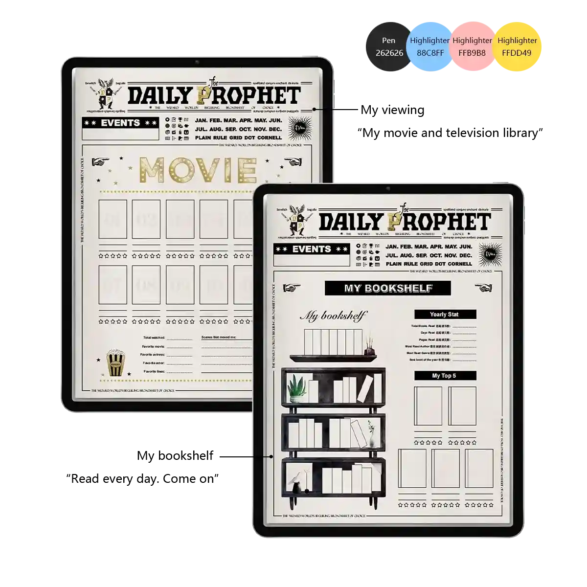 Bookshelf and movie tracker pages for logging books and films with yearly statistics