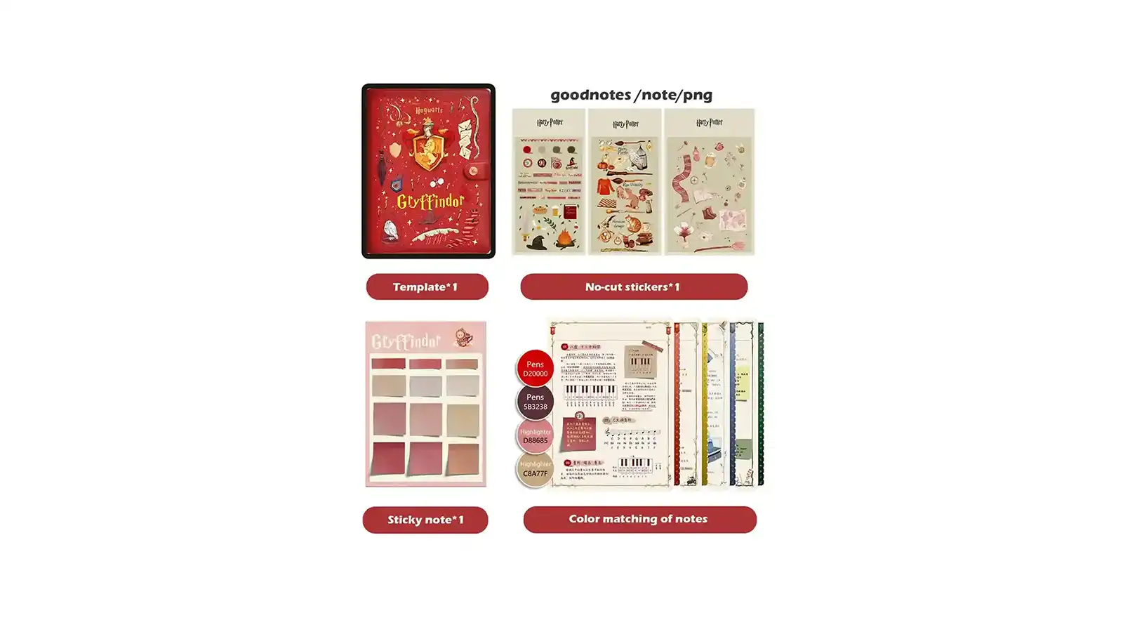 Gryffindor themed GoodNotes digital planner featuring cover design, no-cut sticker sheets, sticky notes, and color matching palettes