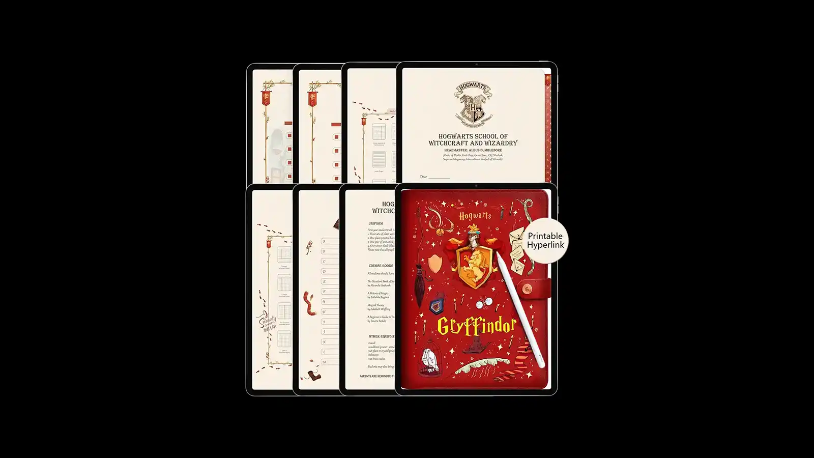 Gryffindor simplified planner digital notebook interface showing hyperlinked pages and magical design elements