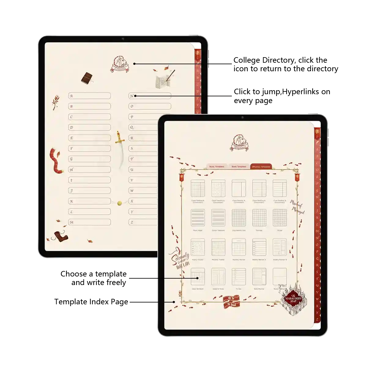 Gryffindor-themed digital student planner displayed on iPad with hyperlinked navigation and magical design elements