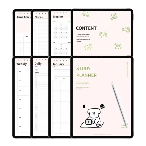 Multi-page overview of Study Puppy Goodnotes planner showing weekly and daily layouts.