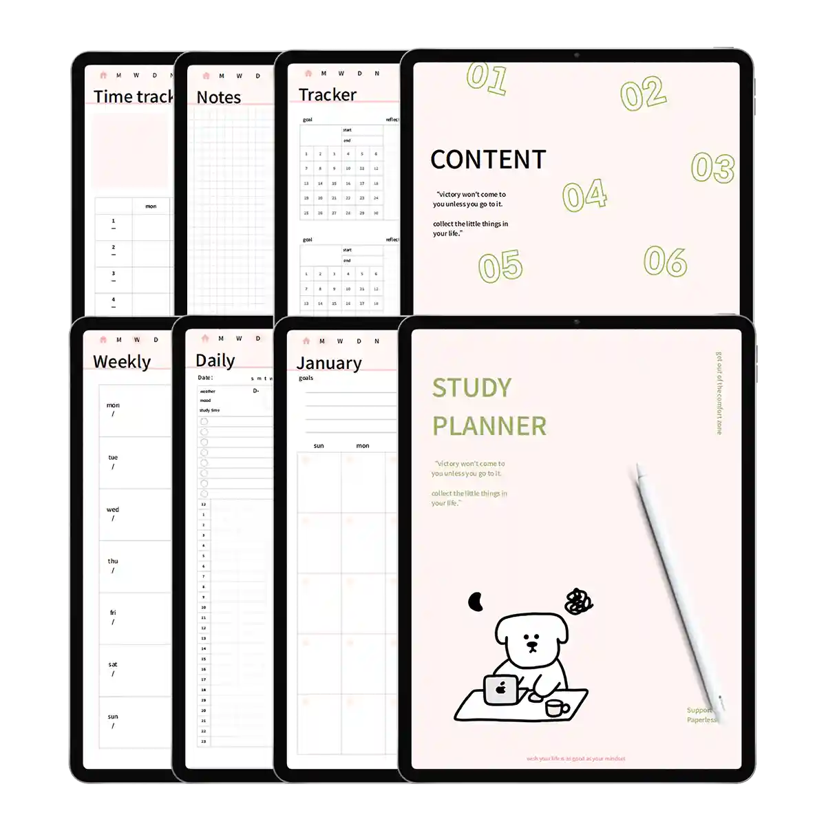 Multi-page overview of Study Puppy Goodnotes planner showing weekly and daily layouts.